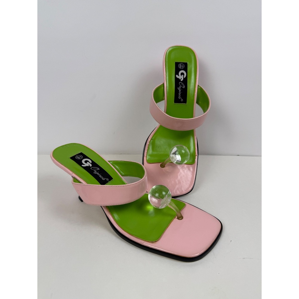 VTG GF Originals Pink Lime Green Bubble Thong Sandals Square Toe Flared Heel 8.5